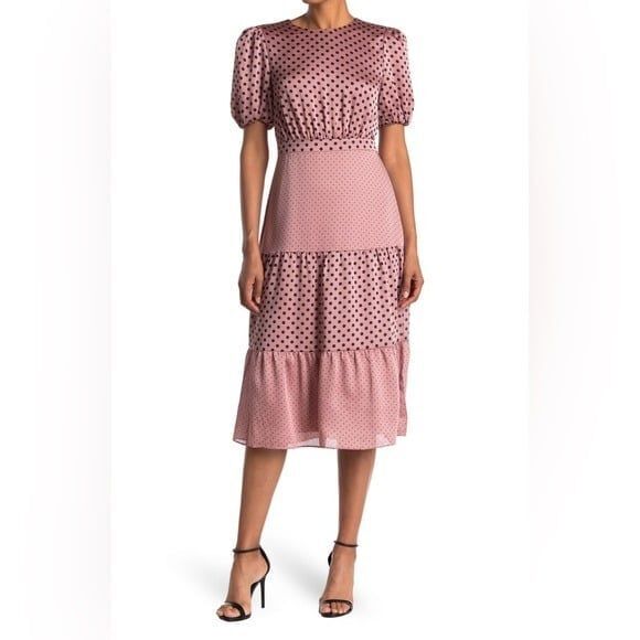 Ted Baker London Nilia dress polka dot tiered midi blush pink black puff sleeve - Picture 6 of 9